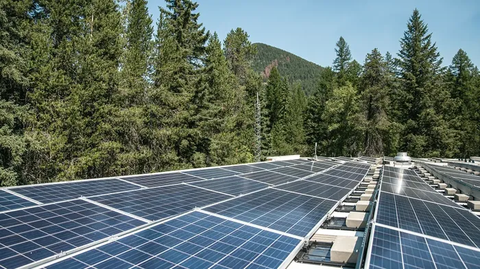 Große Photovoltaikanlage mit vielen Modulreihen